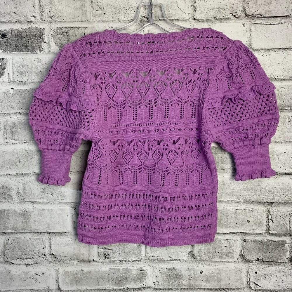 Zara Pointelle Knit Crochet Puff Sleeve Scoop Nec… - image 5